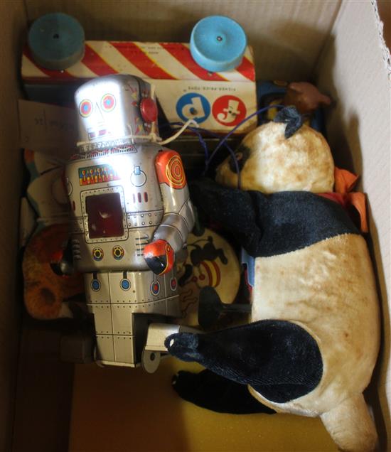 Japanese SY Toys tinplate walking robot, 2 other clockwork toys & a Fisher Price Tiny Teddy pull-along toy